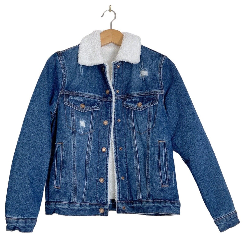Denim Jacket Womens Small Sherpa Lined Trucker Distressed Fur Collar Cotton Poly